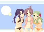  asakura_ryouko bikini blue_eyes blue_hair brown_eyes green_eyes green_hair hijiki_(hijikini) kimidori_emiri long_hair multiple_girls nagato_yuki non-web_source one_eye_closed ponytail short_hair silver_hair suzumiya_haruhi_no_yuuutsu swimsuit v wallpaper 