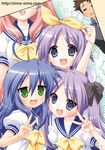  4girls :d =_= black_hair blush brown_hair green_eyes hiiragi_kagami hiiragi_tsukasa izumi_konata long_hair lucky_star mole mole_under_eye multiple_girls nagisawa_yuu neckerchief open_mouth peeking pink_hair ryouou_school_uniform sailor_collar school_uniform serafuku shiraishi_minoru smile spiked_hair takara_miyuki tareme v very_long_hair yellow_neckwear 