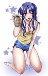  alcohol bad_id bad_pixiv_id beer breasts brown_eyes can cleavage downblouse drunk hacka katsuragi_misato long_hair medium_breasts neon_genesis_evangelion one_eye_closed purple_hair shorts smile solo tank_top yebisu 