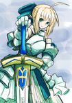  armor armored_dress artoria_pendragon_(all) bad_id bad_pixiv_id blonde_hair dress fate/stay_night fate/unlimited_codes fate_(series) saber saber_lily samaru solo sword weapon 