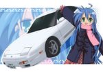  3d :3 ahoge alternate_costume arm_up artist_request bangs blue_hair car cat censored coat cowboy_shot dutch_angle fake_censor flat_chest gloves green_eyes ground_vehicle hair_between_eyes halftone halftone_background happy izumi_konata long_hair long_sleeves looking_at_viewer lucky_star mole mole_under_eye mosaic_censoring motor_vehicle nissan nissan_180sx open_mouth outline parted_bangs pocket scarf sidelocks smile standing very_long_hair waving winter_clothes winter_coat zoom_layer 