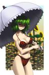  bikini breasts cleavage flower glowing glowing_eyes green_hair highres kazami_yuuka large_breasts light_smile parasol plaid plaid_bikini raionsan red_eyes shade short_hair solo sunflower swimsuit touhou umbrella 