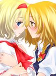  alice_margatroid blonde_hair blue_eyes blush close-up colored_eyelashes eye_contact eyelashes hairband hands hands_on_shoulders kirisame_marisa looking_at_another multiple_girls myama profile touhou yellow_eyes yuri 