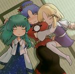  bad_id bad_pixiv_id blonde_hair closed_eyes detached_sleeves frog_hair_ornament green_hair hair_ornament hat kochiya_sanae long_hair long_sleeves lowres miruguramu moriya_suwako multiple_girls purple_hair ribbon rope short_hair sleeping snake_hair_ornament sweatdrop thighhighs touhou wide_sleeves yasaka_kanako 