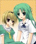  artist_request blonde_hair brown_eyes green_eyes green_hair half_updo higurashi_no_naku_koro_ni houjou_satoko multiple_girls sonozaki_shion 