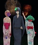 1boy 2girls aerial_fireworks akikkoro commentary_request fireworks japanese_clothes kimono macross macross_frontier multiple_girls ranka_lee saotome_alto sheryl_nome 