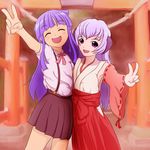  ^_^ bad_id bad_pixiv_id blue_hair bow closed_eyes detached_sleeves furude_rika hakama hanyuu highres higurashi_no_naku_koro_ni horns japanese_clothes long_hair miko multiple_girls paiboon purple_eyes purple_hair red_hakama school_uniform skirt smile suspenders torii v 