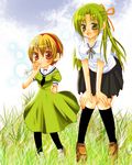  blonde_hair bubble cloud day grass green_hair hairband half_updo hibiki_mio higurashi_no_naku_koro_ni houjou_satoko long_hair lowres multiple_girls pantyhose red_eyes school_uniform short_hair sky smile sonozaki_shion 