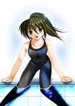  bad_anatomy black_eyes black_hair bodysuit non-web_source ponytail pool solo swimsuit wet 