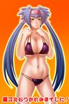  bikini blue_hair breast_squeeze breasts chiba_toshirou cleavage gradient gradient_background green_eyes huge_breasts klan_klein long_hair macross macross_frontier navel orange_background purple_bikini solo swimsuit translation_request twintails very_long_hair 