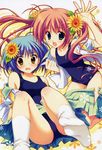  absurdres blue_hair blush copyright_request feet flower hair_flower hair_ornament highres multiple_girls one-piece_swimsuit open_mouth pink_hair ryouka_(suzuya) school_swimsuit school_uniform skirt skirt_pull socks sunflower swimsuit swimsuit_under_clothes twintails undressing white_legwear 