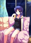  asakura_ryouko blue_eyes blue_hair couch denim denim_shorts drink inui_nagi long_hair shorts sitting solo suzumiya_haruhi_no_yuuutsu 