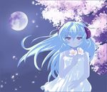  cherry_blossoms deviantart_sample dress floating_hair flower full_moon hair_between_eyes hanyuu higurashi_no_naku_koro_ni holding horns image_sample long_hair moon moonlight night pale_skin parted_lips purple purple_eyes rabi-chan solo tears white_dress white_hair wind 