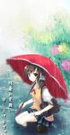  brown_eyes brown_hair kneeling original rain school_uniform solo tamaki_fuyu umbrella 