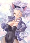  animal_ears breasts cat_ears cleavage covered_nipples gloves jewelry large_breasts leotard lobelia_carlini locket monocle non-web_source pantyhose pendant playboy_bunny_leotard sakura_taisen sakura_taisen_iii short_hair solo white_hair 