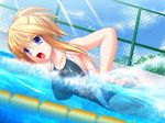  armpits blonde_hair blue_eyes breasts chain-link_fence cloud collarbone competition_swimsuit covered_nipples day dutch_angle fence game_cg ishii_akira lane_line large_breasts light_rays motion_blur non-web_source one-piece_swimsuit open_mouth outdoors partially_submerged ponytail pool sky solo sparkle splashing suisui_-sweetheart_swimmer- sunbeam sunlight swimming swimsuit uchiki_medaka water waves 