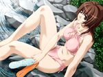  alone_again bikini brown_eyes brown_hair game_cg grass haruki_ayaka holding holding_shoes navel non-web_source rin_kyoutarou rock sandals shoes short_hair side-tie_bikini solo swimsuit water 