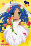  :3 blue_hair bouquet bride dress flower gloves green_eyes izumi_konata jewelry lucky_star mole mole_under_eye necklace solo ueno_chiyoko wedding_dress 