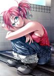  bad_id bad_pixiv_id breast_press breasts copyright_request denim glasses jeans large_breasts pants pink_hair rezi shoes side_ponytail sideboob sitting sneakers solo tomboy 