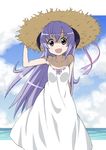  dress hanyuu hat higurashi_no_naku_koro_ni horns image_sample long_hair mana_(gakuburu) md5_mismatch pixiv_sample purple_eyes purple_hair solo sundress white_dress 