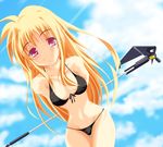  bardiche bikini blonde_hair day fate_testarossa long_hair lyrical_nanoha mahou_shoujo_lyrical_nanoha_strikers non-web_source red_eyes solo swimsuit wand 