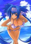  beach bikini blue_eyes blue_hair blush breasts cleavage covered_nipples day hands_on_hips headband klan_klein large_breasts leaning_forward long_hair macross macross_frontier outdoors pointy_ears solo swimsuit umiushi_(poyopacho) very_long_hair 