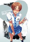  ahoge axis_powers_hetalia blush brown_eyes brown_hair copyright_name crossdressing italian_flag judy_(artist) male_focus necktie northern_italy_(hetalia) one_eye_closed open_mouth school_uniform skirt skirt_pull solo sweat typo v 