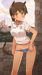  angela_salas_larrazabal animal_ears ass_visible_through_thighs bare_legs blush brick_wall brown_hair castle glastonbury1966 horse_ears horse_girl horse_tail la_liga no_pants outdoors panties panty_pull short_hair soccer_uniform solo sportswear tail tan underwear valencia_cf world_witches_series 