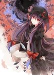  alternate_color autumn_leaves book bow crescent dress feathers hat long_hair looking_at_viewer patchouli_knowledge purple_hair rain_lan red_eyes sitting solo touhou very_long_hair 
