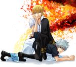  bad_id bad_pixiv_id blonde_hair blue_eyes gintama grey_hair hadanugi_dousa japanese_clothes kimono long_sleeves male_focus multiple_boys red_eyes sakata_gintoki sakata_kintoki sakata_kintoki_(gintama) short_sleeves silver_hair sitting sitting_on_person smile twilightend 