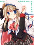  blonde_hair blue_eyes bow cape hat little_busters! llaoi_h long_hair noumi_kudryavka pink_bow plaid plaid_skirt school_uniform skirt 