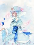  1girl bad_id bad_pixiv_id breasts bug butterfly cherry_blossoms closed_eyes hat highres japanese_clothes long_sleeves medium_breasts obi painting_(medium) petals pink_hair pinkxxxna ribbon saigyouji_yuyuko sash short_hair smile solo touhou traditional_media triangular_headpiece watercolor_(medium) wide_sleeves 
