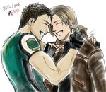  bangs blonde_hair bomber_jacket brown_hair chris_redfield facial_hair fingerless_gloves forehead-to-forehead gloves grin jacket leon_s_kennedy multiple_boys muscle resident_evil resident_evil_4 resident_evil_5 resident_evil_6 smile stubble 