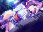  1girl blush cg chains cosplay_alien cum game_cg japanese_clothes kimono laylia long_hair penis purple_eyes purple_hair sandals uncensored 