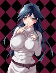  ahoge argyle argyle_background bad_id bad_pixiv_id belt black_hair blush breasts finger_to_mouth highres large_breasts long_hair mole mole_under_mouth myg original red_eyes ribbed_sweater smile solo sweater 
