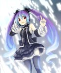  akikan_(watashi_no_sekai) bare_shoulders black_legwear blue_hair detached_sleeves drill_hair frilled_sleeves frills gothic_lolita gradient_hair hatsune_miku hatsune_miku_no_gekishou_(vocaloid) headset highres index_finger_raised infinity_(module) lolita_fashion long_hair multicolored_hair necktie open_mouth project_diva_(series) project_diva_2nd purple_hair red_eyes smile solo thighhighs twin_drills twintails very_long_hair vocaloid zettai_ryouiki 