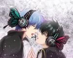  black_eyes black_hair blue_hair butterfly_hair_ornament butterfly_wings face-to-face gintama hair_ornament headphones hijikata_toushirou magnet_(vocaloid) male_focus multiple_boys parody red_eyes sakata_gintoki shiroyasha vocaloid wings yaoi 