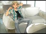  belt blonde_hair coin_rand couch denim earrings grey_eyes jeans jewelry male_focus open_clothes open_shirt original pants reclining shirt sitting solo 