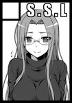  black_border blush border breasts circle_cut fate/stay_night fate_(series) flying_sweatdrops glasses greyscale long_hair medium_breasts monochrome rider simple_background smile solo white_background yanagi_(tsukiakari) 