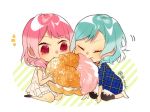  2girls aqua_hair bang_dream! bangs chibi commentary_request diagonal-striped_background diagonal_stripes doughnut eating eyes_closed floral_print food hair_down hikawa_hina maruyama_aya medium_hair minigirl multiple_girls notice_lines pink_eyes pink_hair plaid shared_food shi_noyuki short_hair side_braids sitting skirt striped striped_background twitter_username v-shaped_eyebrows 