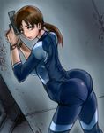  ass blood blood_splatter blue_eyes bodysuit brown_hair dutch_angle from_behind gun handgun jill_valentine looking_back pistol ponytail resident_evil resident_evil_revelations sgk solo watch weapon wristwatch 