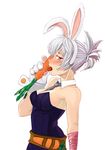  animal_ears bandages bare_shoulders battle_bunny_riven belt blush breasts brown_eyes bunny_ears bunnysuit carrot cleavage detached_collar fake_animal_ears folded_ponytail food gloves league_of_legends leotard licking medium_breasts necktie open_mouth riven_(league_of_legends) sexually_suggestive short_hair silver_hair solo sweatdrop tears tongue uyo white_hair wrist_cuffs 