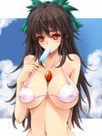  bare_shoulders bikini black_hair blush bow breasts covered_nipples eating food hair_bow large_breasts long_hair makirin popsicle red_eyes reiuji_utsuho solo sweat swimsuit touhou 