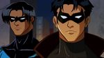 batman_(series) black_hair bodysuit brothers city dc_comics dick_grayson domino_mask family frown jacket jason_todd leather leather_jacket male male_focus mask multiple_boys nightwing osomo_(hachilow) red_hood red_hood_(dc) siblings yamane-08low 