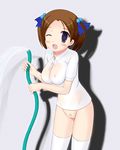  1girl :d ;d blush bottomless breasts brown_hair censored highres hose looking_at_viewer neconogi nipples one_eye_closed open_mouth pubic_hair purple_eyes pussy see-through shirt short_hair smile solo thighhighs twintails water_hose watering_hose wet wet_clothes wet_shirt wink 