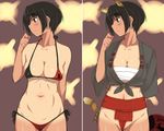  animal_ears bikini black_eyes black_hair blush breasts em fan fundoshi holding japanese_clothes large_breasts micro_bikini midriff multiple_views nakajima_nishiki navel sarashi short_hair side-tie_bikini strike_witches sweatdrop swimsuit tail tan tanline tiger_ears tiger_tail world_witches_series yamakasa 