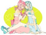  2girls ankle_strap aqua_bow aqua_choker aqua_footwear back_bow bang_dream! blue_dress blush bow braiding_hair choker cross-laced_clothes detached_sleeves dress face-to-face green_eyes hair_ribbon hairdressing heart hikawa_hina looking_at_another maruyama_aya multiple_girls pink_bow pink_choker pink_dress pink_eyes pink_footwear pink_neckwear playing_with_another&#039;s_hair ribbon shoes short_hair short_sleeves sitting smile thighhighs twintails twitter_username white_legwear white_ribbon wrist_bow yellow_background yuki_(t128) yuri 