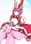  1girl amputee blue_eyes bodysuit breasts cleavage female hat kyoukai_senjou_no_horizon kyoukaisenjou_no_horizon large_breasts mechanical_arms pink_hair pink_legwear prosthesis solo suzu_shin tachibana_gin 