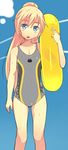  :o blonde_hair blue_eyes blush collarbone competition_swimsuit em helma_lennartz holding innertube long_hair looking_at_viewer one-piece_swimsuit ponytail solo swimsuit world_witches_series 