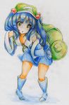  absurdres backpack bag bent_over blue_hair boots colored_pencil_(medium) downblouse green_eyes hair_bobbles hair_ornament hat highres kawashiro_nitori key kitazinger oversized_clothes oversized_shirt shirt short_hair skirt skirt_set solo touhou traditional_media two_side_up 